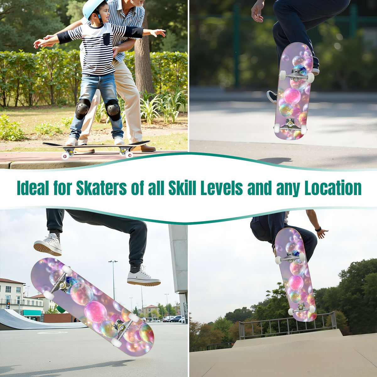 Seashells Starfish Sandy Beach Soft Lighting 31" x 8" Complete Skateboard, 7-Ply Canadian Maple Double Kick Trick Board for Kids and Beginners Adult Gifts