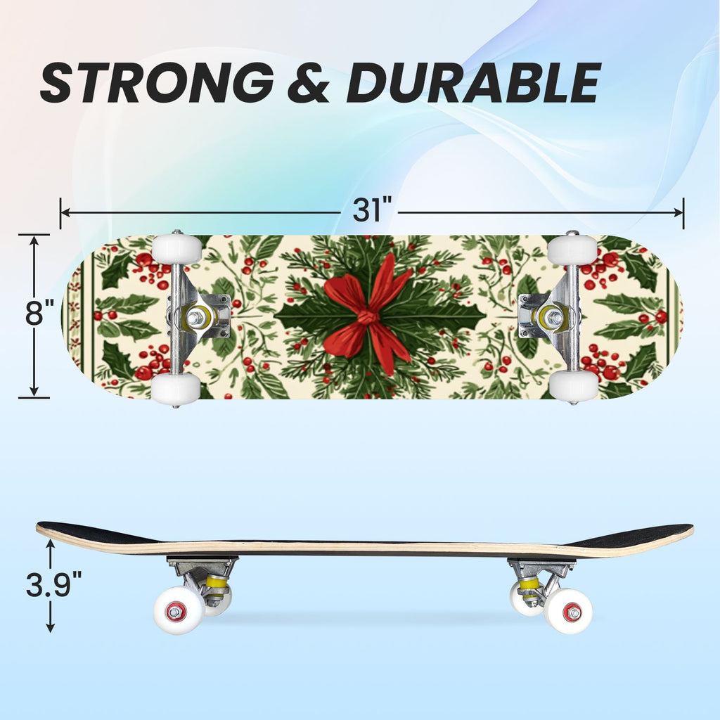 31"x8" Complete Skateboards for Beginners, Red White Vertical Striped Retro Circus Double Kick 7 Ply Canadian Maple Deck Skateboard with Wheels, Gifts for Kids Teens