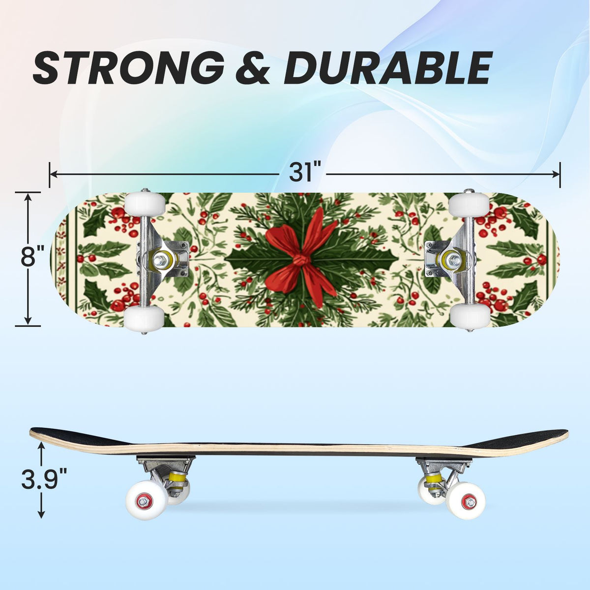 31"x8" Complete Skateboards for Beginners, Red White Vertical Striped Retro Circus Double Kick 7 Ply Canadian Maple Deck Skateboard with Wheels, Gifts for Kids Teens