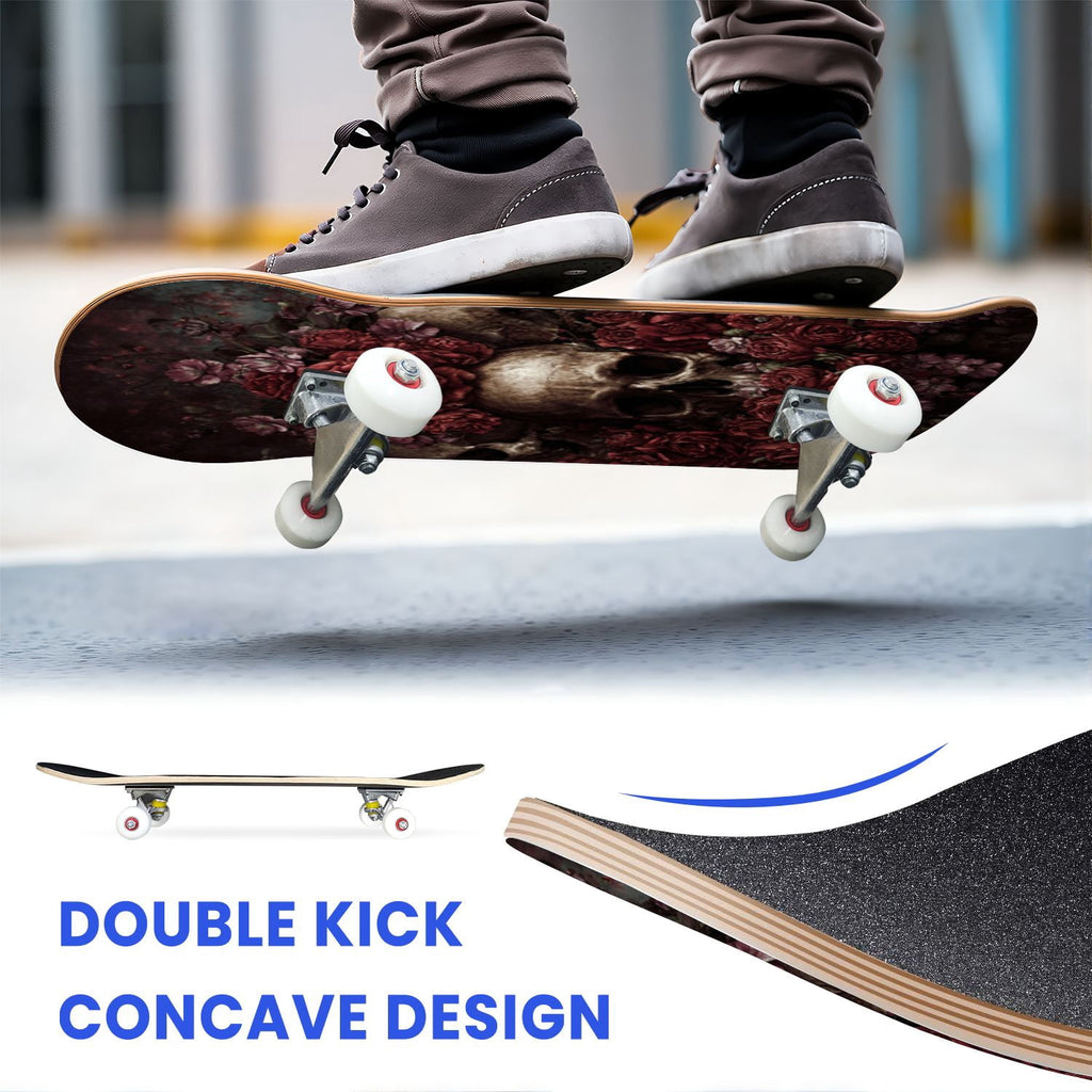 31"x8" Complete Skateboards for Beginners, Romantic Skeletons Blooming Roses Dark Academia Double Kick 7 Ply Canadian Maple Deck Skateboard with Wheels, Gifts for Kids Teens