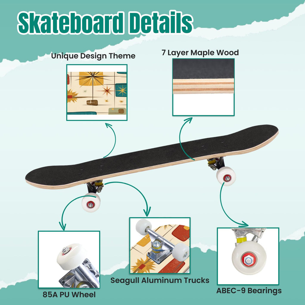 Vintage Movie Theater Classic Cinema 31" x 8" Complete Skateboard, 7-Ply Canadian Maple Double Kick Trick Board for Kids and Beginners Adult Gifts