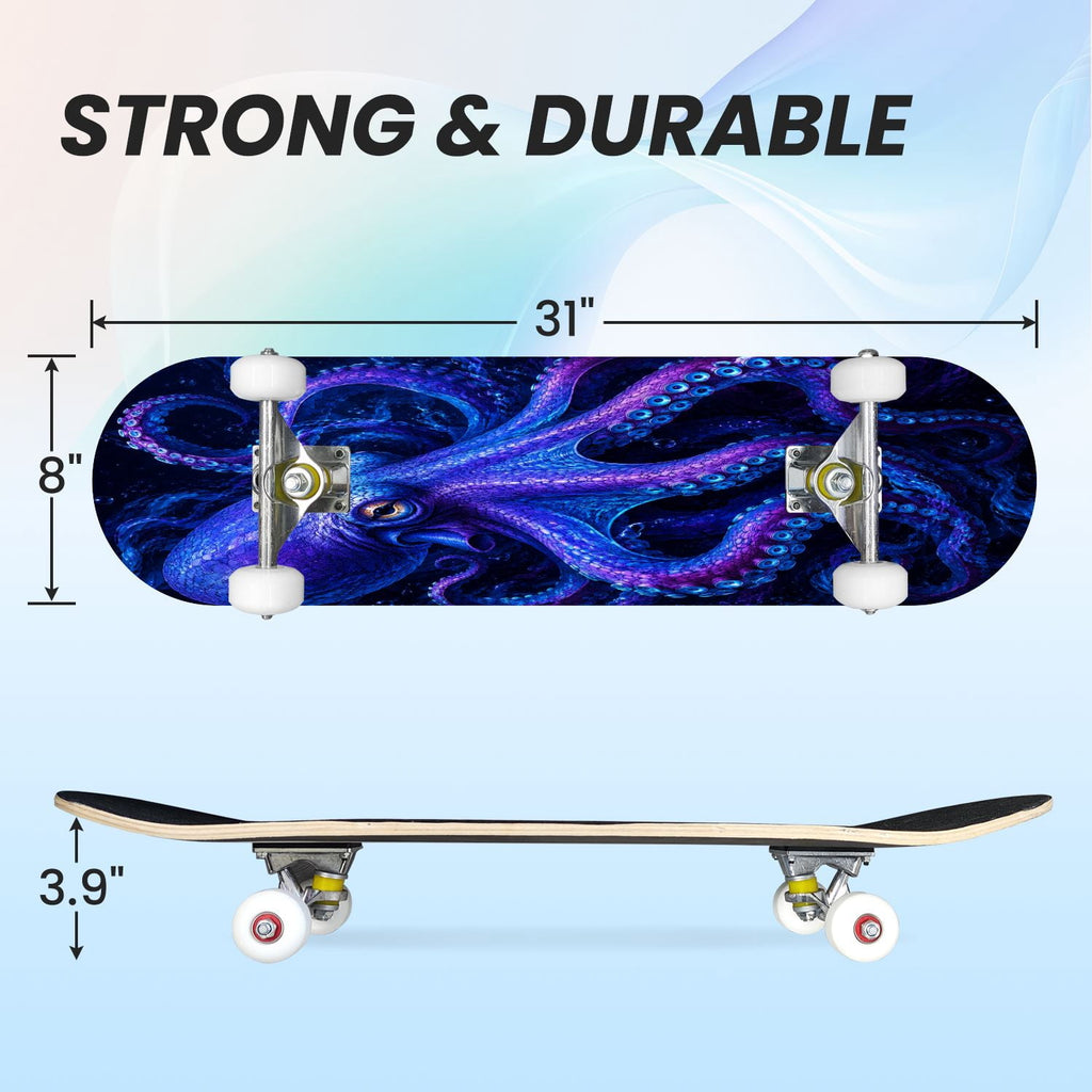 31"x8" Complete Skateboards for Beginners, Colorful Underwater Two Seahorses Coral Reefs Double Kick 7 Ply Canadian Maple Deck Skateboard with Wheels, Gifts for Kids Teens