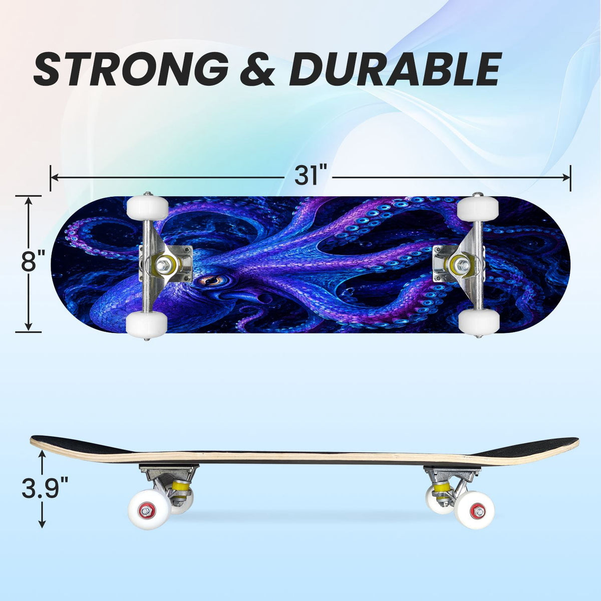 31"x8" Complete Skateboards for Beginners, Colorful Underwater Two Seahorses Coral Reefs Double Kick 7 Ply Canadian Maple Deck Skateboard with Wheels, Gifts for Kids Teens