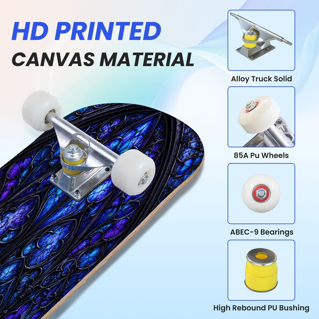 31"x8" Complete Skateboards for Beginners, Purple White Cosmos Flowers Butterflies Watercolor Double Kick 7 Ply Canadian Maple Deck Skateboard with Wheels, Gifts for Kids Teens