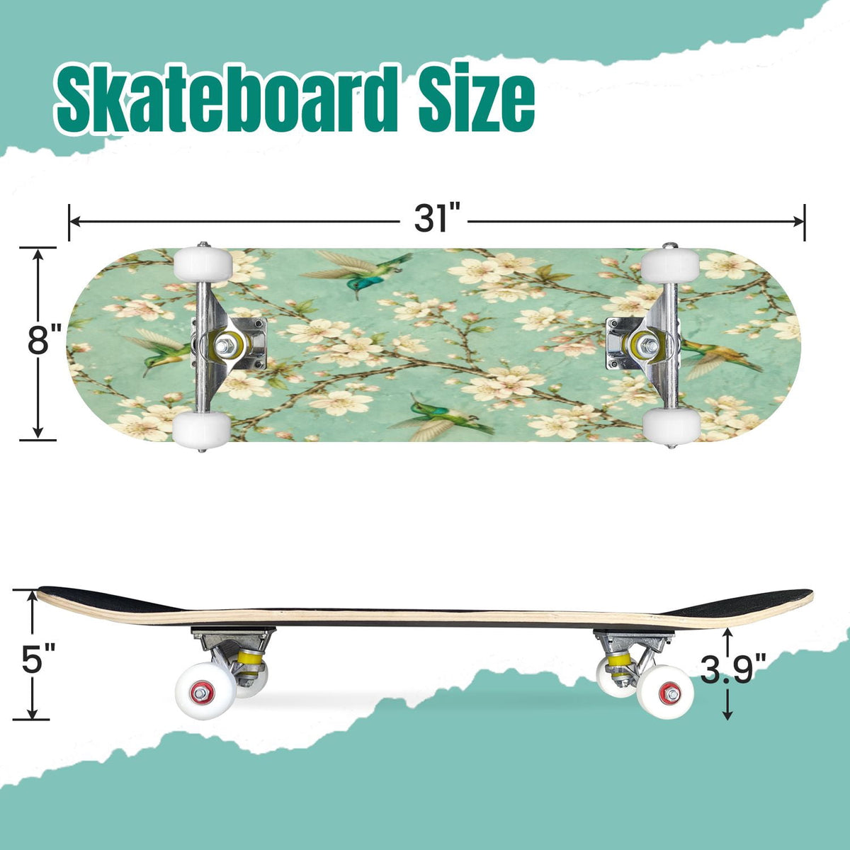 Forest Tree Wood Green Pine Trees Autumn Leaves Fog Misty 31" x 8" Complete Skateboard, 7-Ply Canadian Maple Double Kick Trick Board for Kids and Beginners Adult Gifts