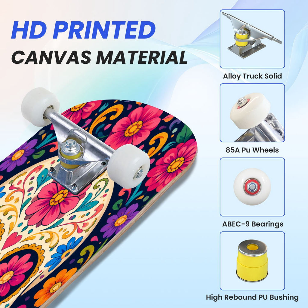 31"x8" Complete Skateboards for Beginners, Colorful Sugar Skulls Floral Patterns Mexican Double Kick 7 Ply Canadian Maple Deck Skateboard with Wheels, Gifts for Kids Teens
