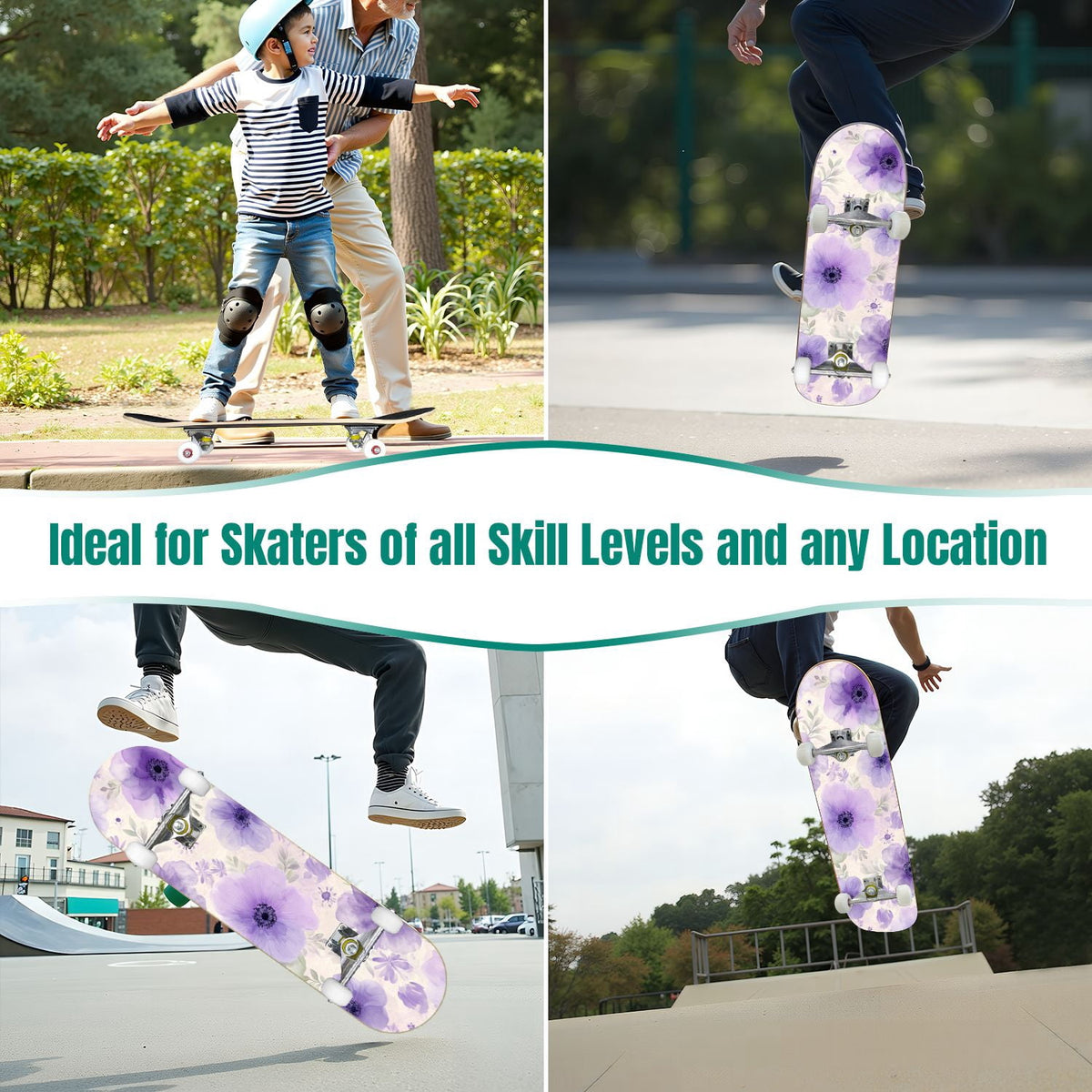 31"x8" Complete Skateboards for Beginners,Bold Stained Glass Western Double Kick 7 Ply Canadian Maple Deck Skateboard with Wheels, Gifts for Kids Teens