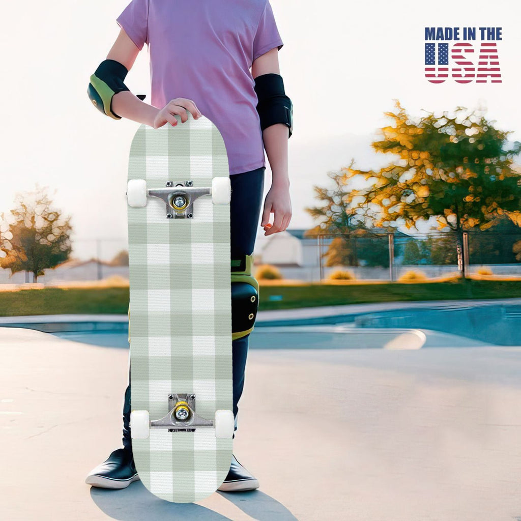 31"x8" Complete Skateboards for Beginners,Light Green White Gingham Checkered Double Kick 7 Ply Canadian Maple Deck Skateboard with Wheels, Gifts for Kids Teens