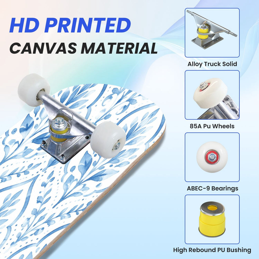 31"x8" Complete Skateboards for Beginners,Seamless Blue Watercolor Crabs Floral Accents Light Double Kick 7 Ply Canadian Maple Deck Skateboard with Wheels, Gifts for Kids Teens