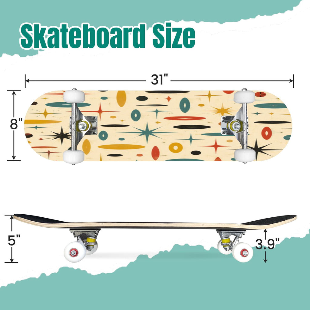Modern Botanical Watercolor Pink Gold Mint Navy Leaves 31" x 8" Complete Skateboard, 7-Ply Canadian Maple Double Kick Trick Board for Kids and Beginners Adult Gifts