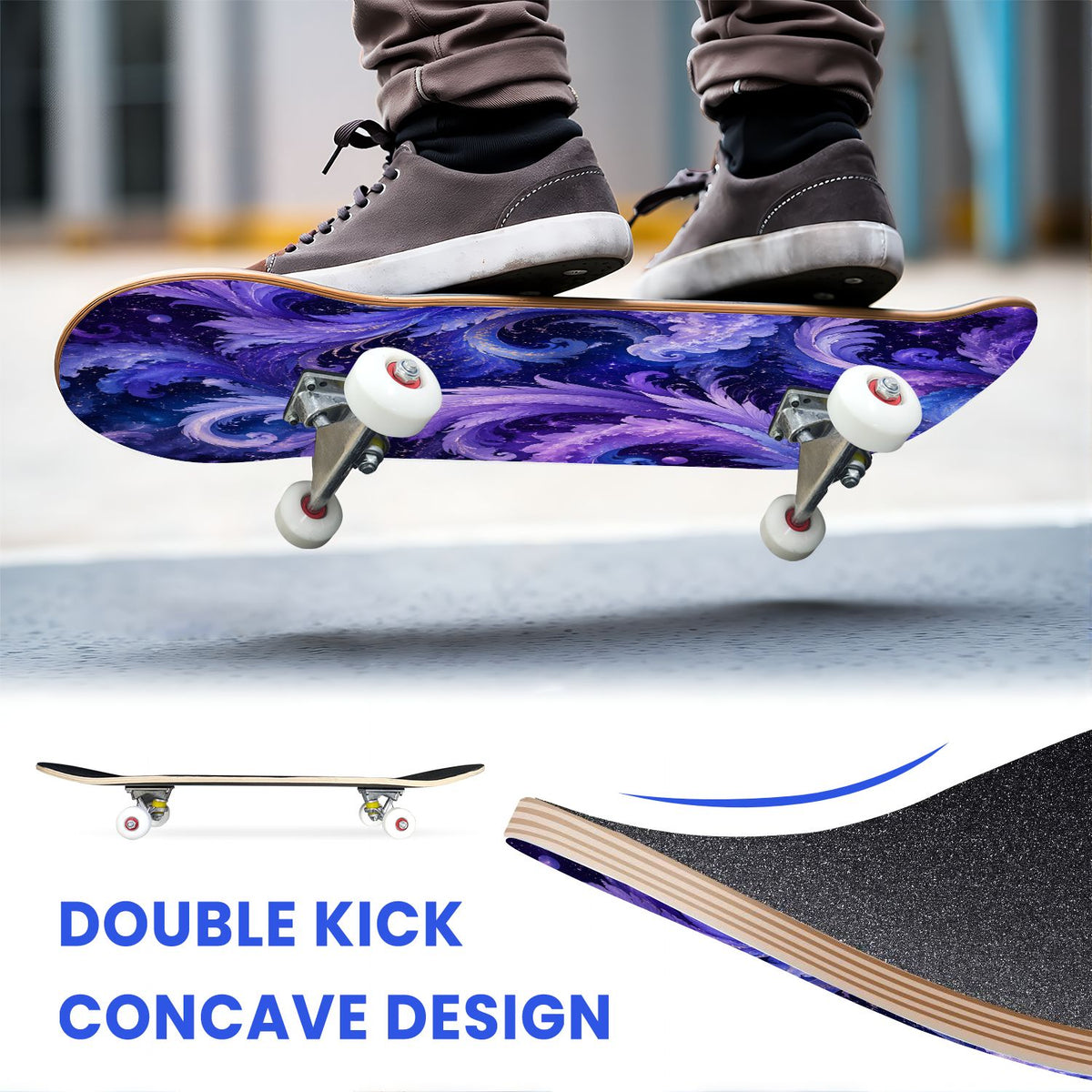31"x8" Complete Skateboards for Beginners, Purple White Cosmos Flowers Butterflies Watercolor Double Kick 7 Ply Canadian Maple Deck Skateboard with Wheels, Gifts for Kids Teens