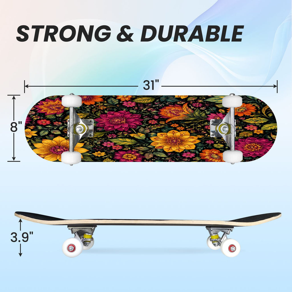 31"x8" Complete Skateboards for Beginners, Colorful Sugar Skulls Floral Patterns Mexican Double Kick 7 Ply Canadian Maple Deck Skateboard with Wheels, Gifts for Kids Teens