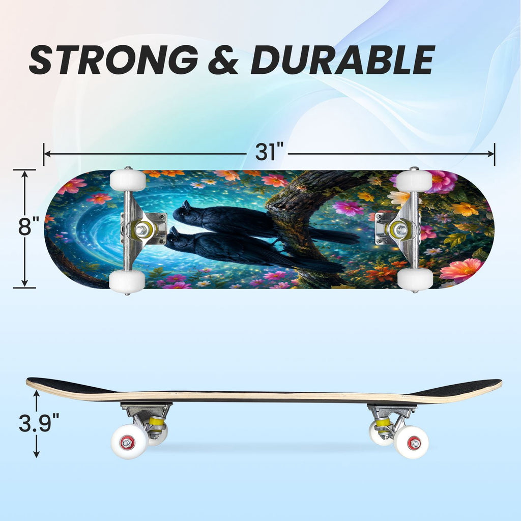 31"x8" Complete Skateboards for Beginners,Halloween Themed Pumpkins Witch Hats Spooky Double Kick 7 Ply Canadian Maple Deck Skateboard with Wheels, Gifts for Kids Teens