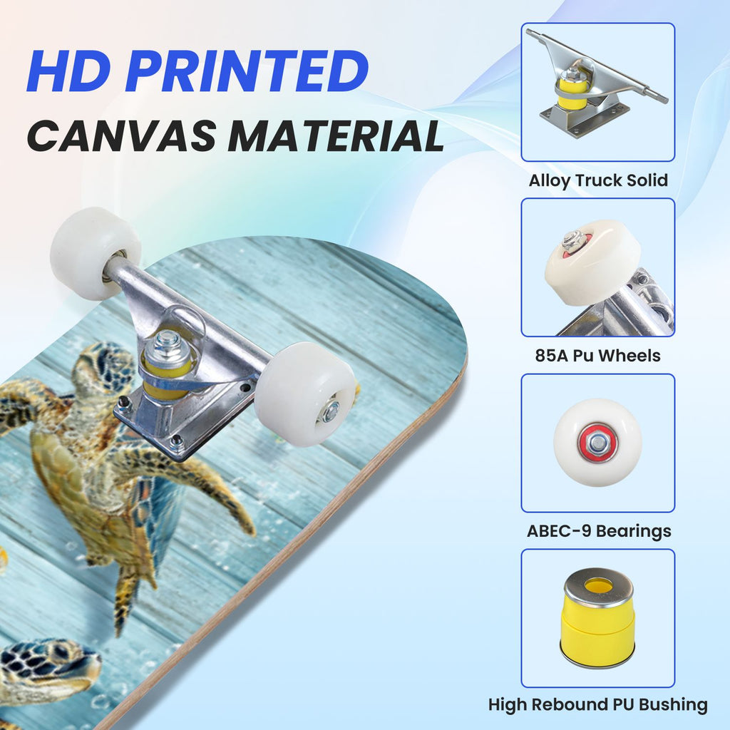 31"x8" Complete Skateboards for Beginners, Turquoise Flowers Teal Daisy Flower Butterfly Blue Romantic Double Kick 7 Ply Canadian Maple Deck Skateboard with Wheels, Gifts for Kids Teens