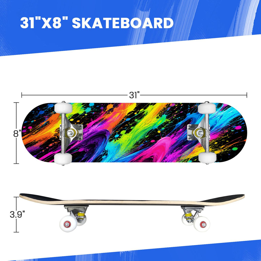 Complete Skateboard Colorful Heart Swirls 31 Inch 7-Ply Maple Skateboard with PU Wheels and Aluminum Trucks, Ready-to-Ride Skateboard for Beginners, Teens and Adults