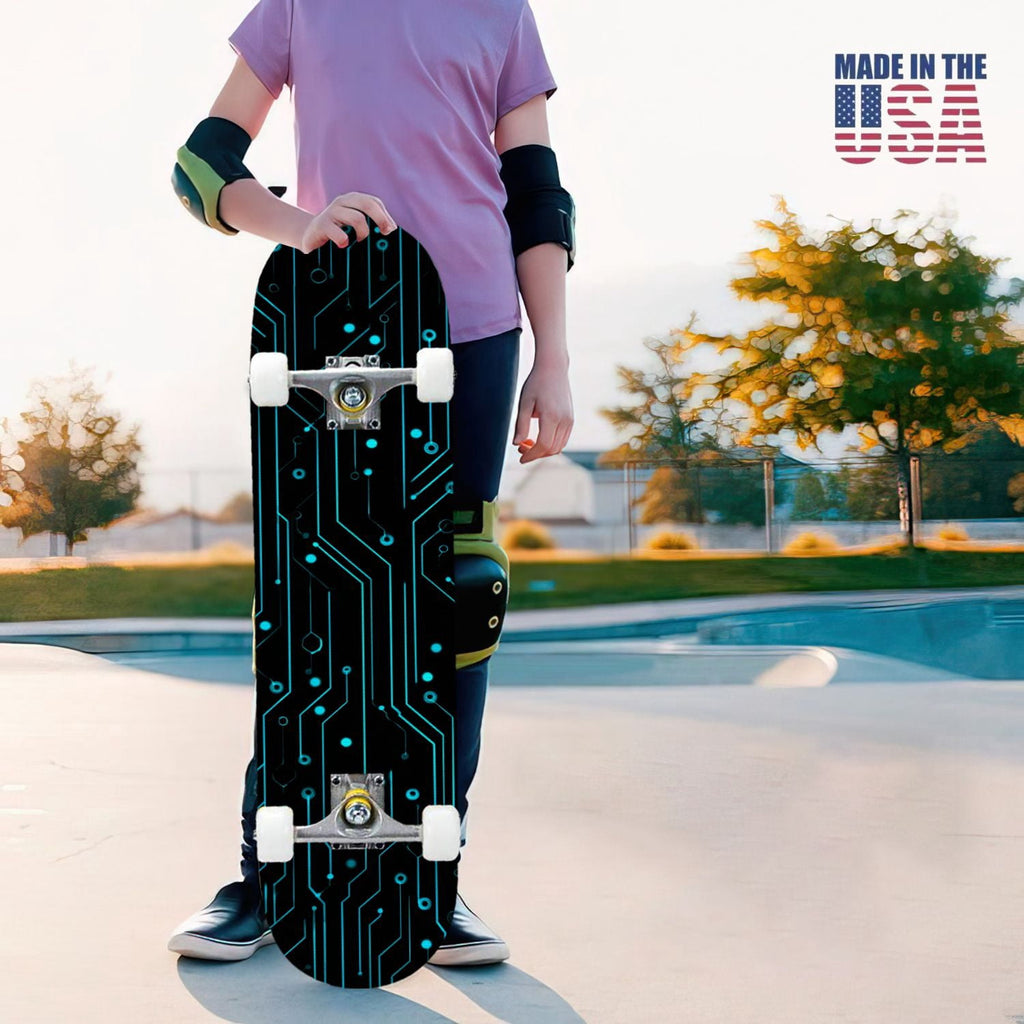 31"x8" Complete Skateboards for Beginners,Hexagon neon blue glow futuristic Double Kick 7 Ply Canadian Maple Deck Skateboard with Wheels, Gifts for Kids Teens