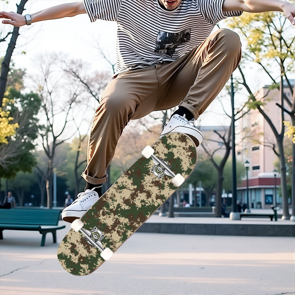 31"x8" Complete Skateboards for Beginners,Desert Camouflage Beige Tan Cream Organic Abstract Shapes Double Kick 7 Ply Canadian Maple Deck Skateboard with Wheels, Gifts for Kids Teens
