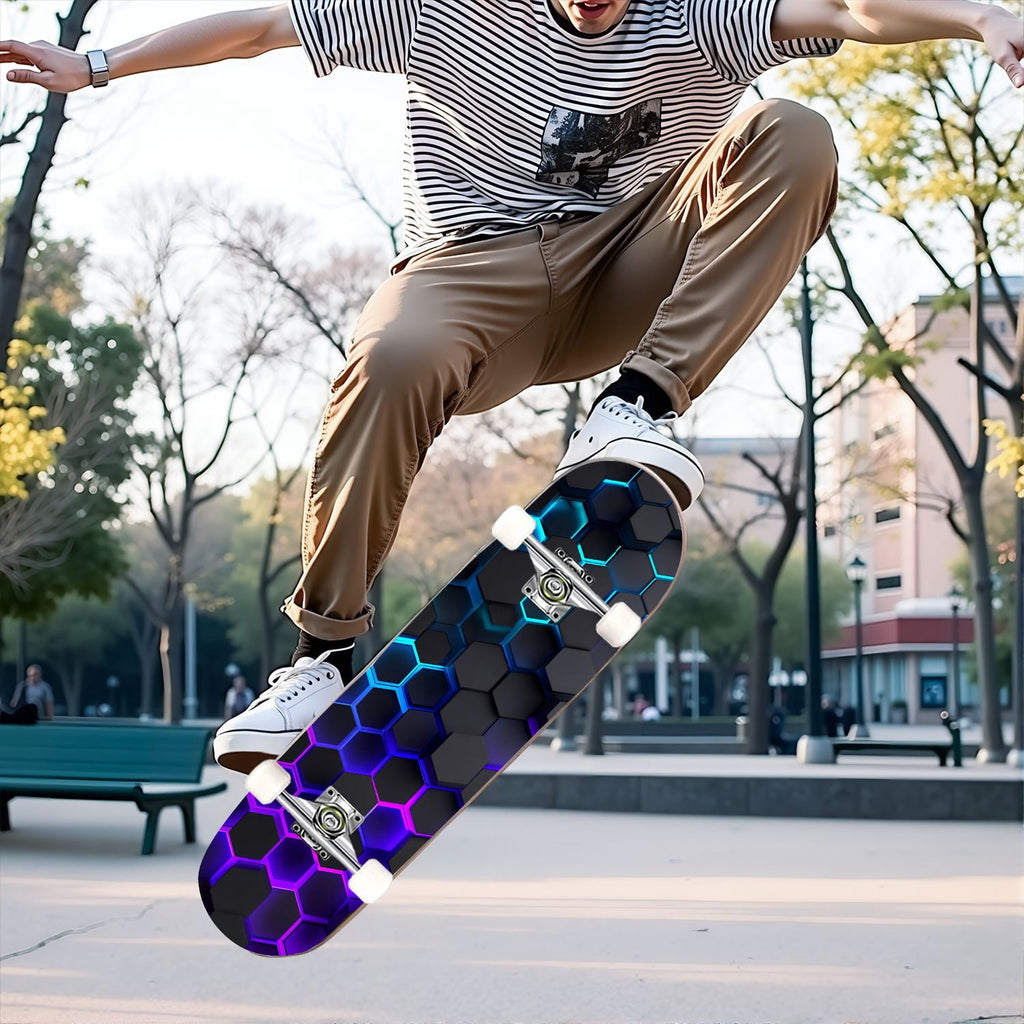31"x8" Complete Skateboards for Beginners,Geometric Hexagon Glowing Neon Blue Purple Double Kick 7 Ply Canadian Maple Deck Skateboard with Wheels, Gifts for Kids Teens