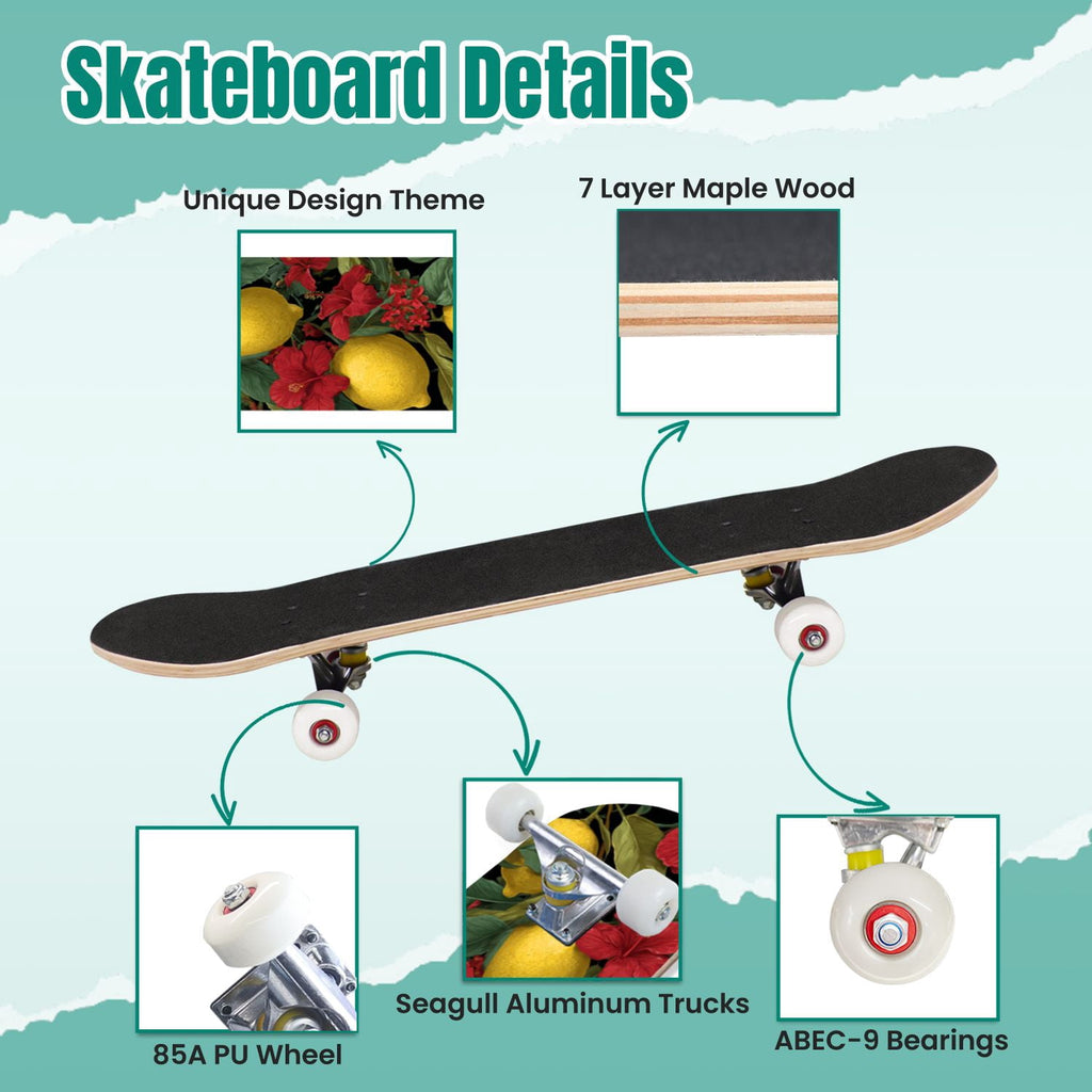 Seashells Starfish Sandy Beach Soft Lighting 31" x 8" Complete Skateboard, 7-Ply Canadian Maple Double Kick Trick Board for Kids and Beginners Adult Gifts