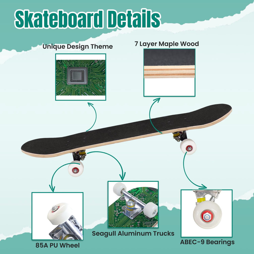 Futuristic Blue Abstract Technology Glowing Core 31" x 8" Complete Skateboard, 7-Ply Canadian Maple Double Kick Trick Board for Kids and Beginners Adult Gifts