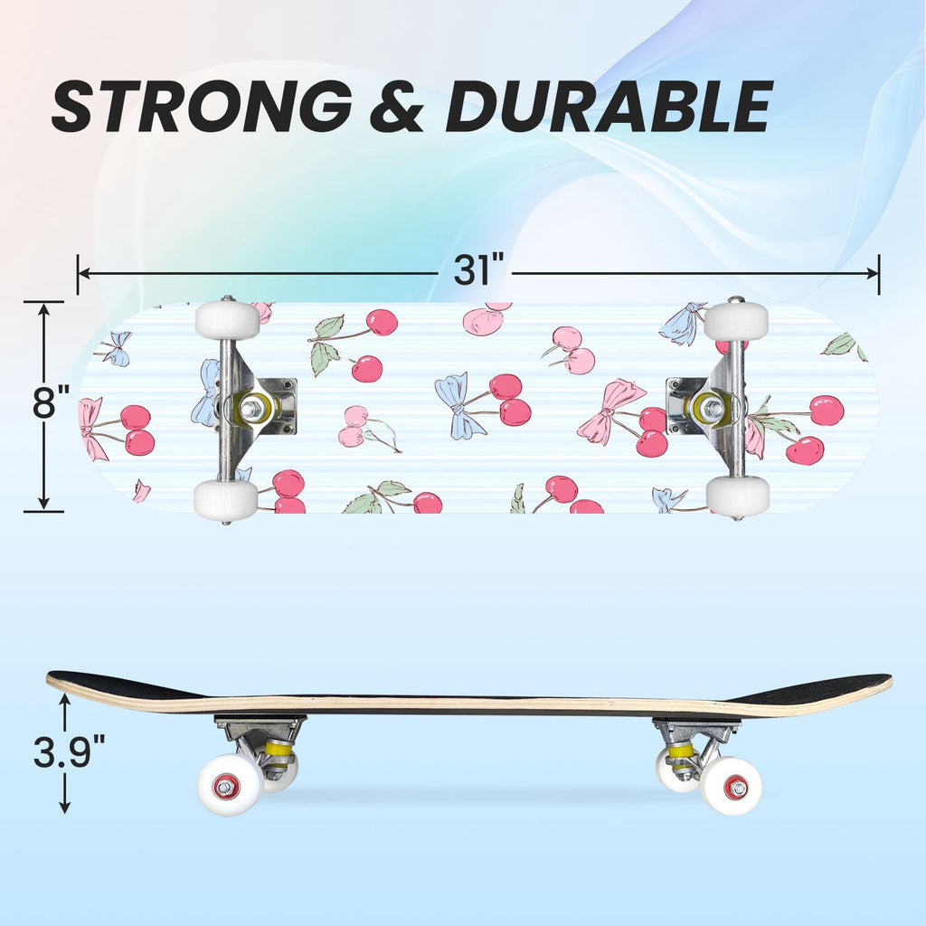 31"x8" Complete Skateboards for Beginners,Watercolor Watermelon Slices Pink Striped Double Kick 7 Ply Canadian Maple Deck Skateboard with Wheels, Gifts for Kids Teens