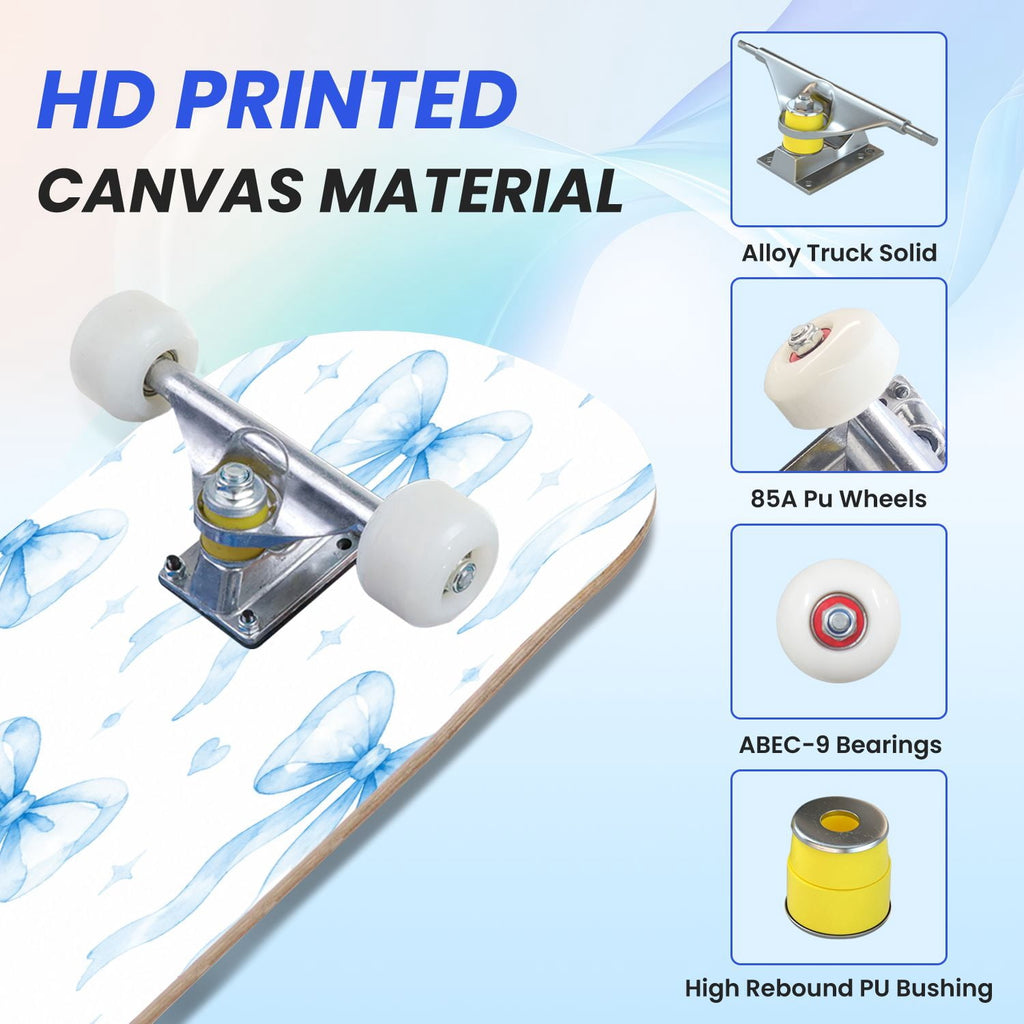 31"x8" Complete Skateboards for Beginners,Seamless Blue Watercolor Crabs Floral Accents Light Double Kick 7 Ply Canadian Maple Deck Skateboard with Wheels, Gifts for Kids Teens