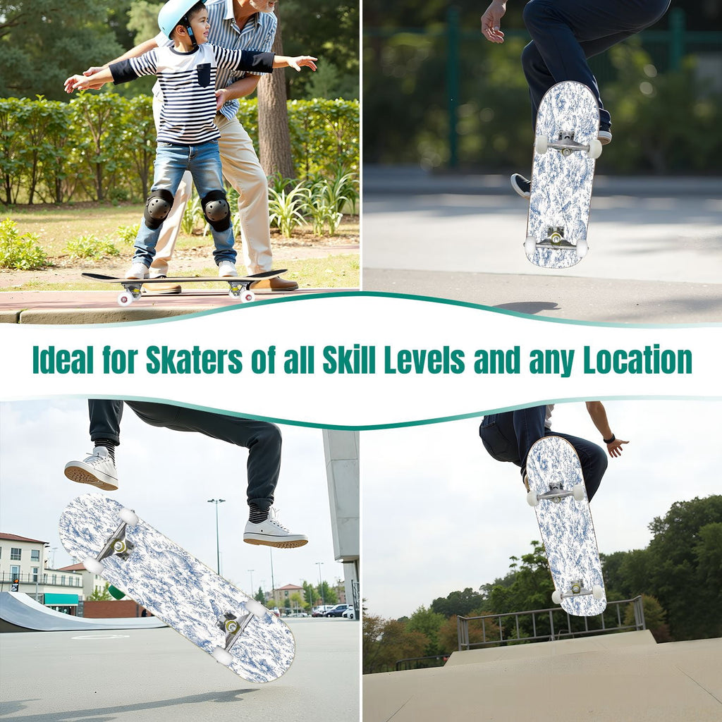 31"x8" Complete Skateboards for Beginners,Blue Flowers Crystals Seamless Watercolor Double Kick 7 Ply Canadian Maple Deck Skateboard with Wheels, Gifts for Kids Teens