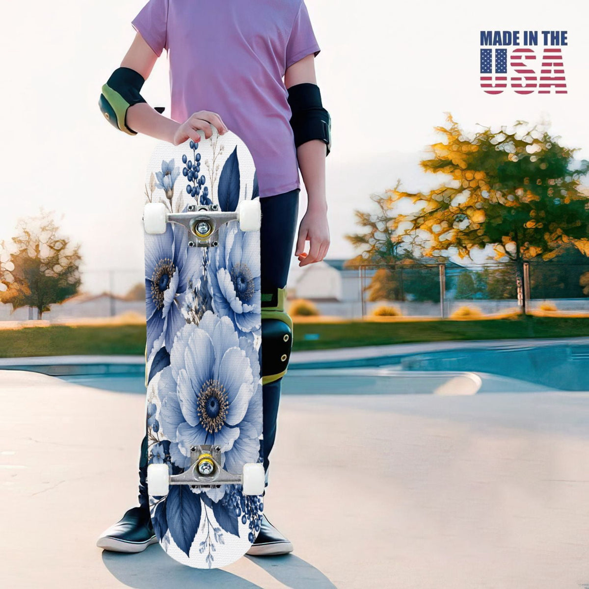 31"x8" Complete Skateboards for Beginners,Seamless Blue Watercolor Crabs Floral Accents Light Double Kick 7 Ply Canadian Maple Deck Skateboard with Wheels, Gifts for Kids Teens