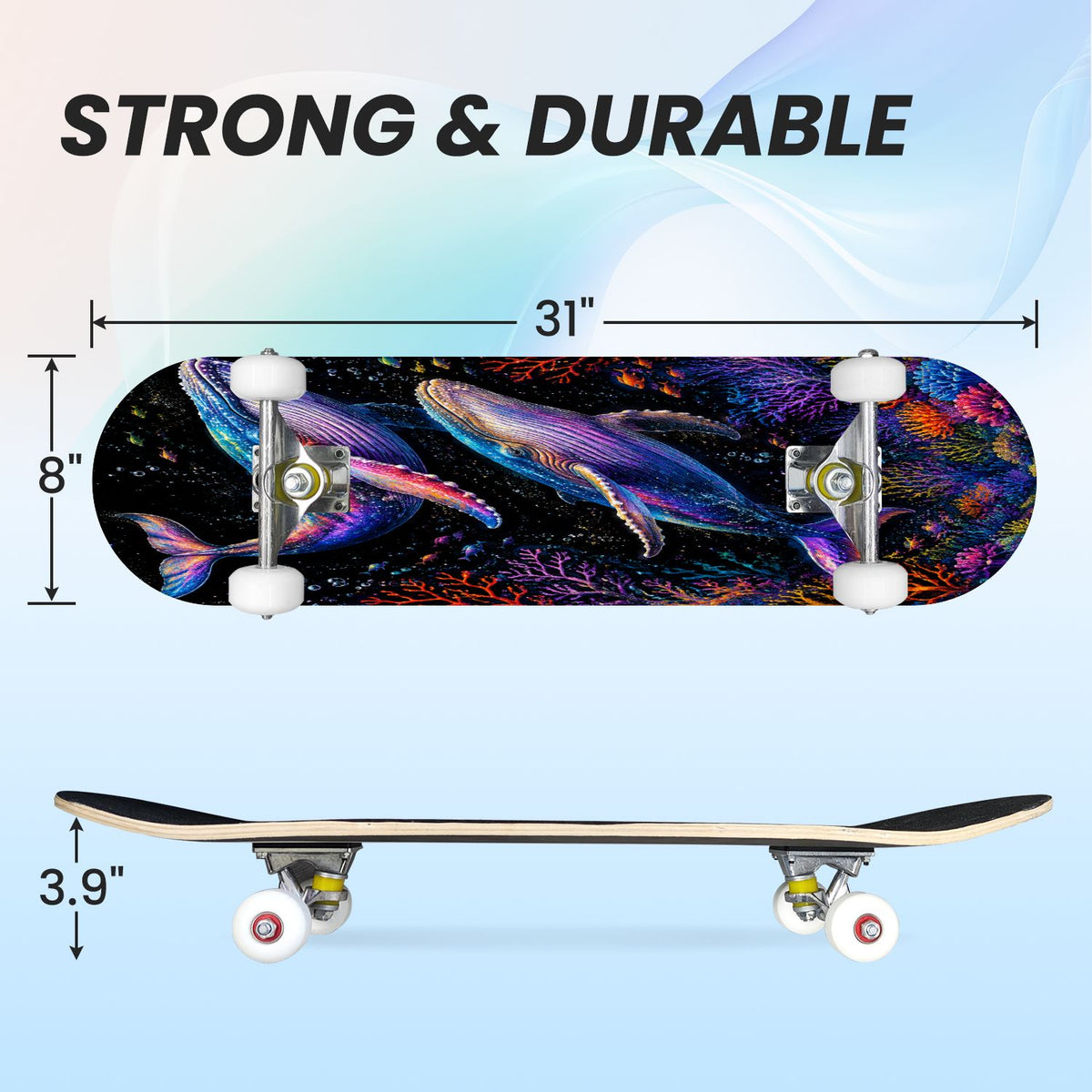 31"x8" Complete Skateboards for Beginners, Colorful Cosmic Octopus Tentacles Starry Marine Life Double Kick 7 Ply Canadian Maple Deck Skateboard with Wheels, Gifts for Kids Teens