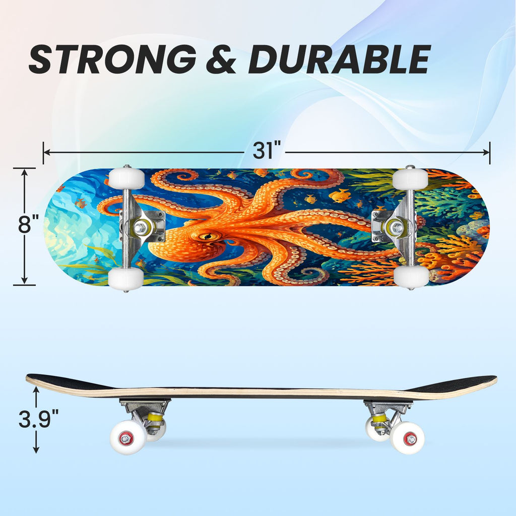 31"x8" Complete Skateboards for Beginners, Colorful Underwater Two Seahorses Coral Reefs Double Kick 7 Ply Canadian Maple Deck Skateboard with Wheels, Gifts for Kids Teens
