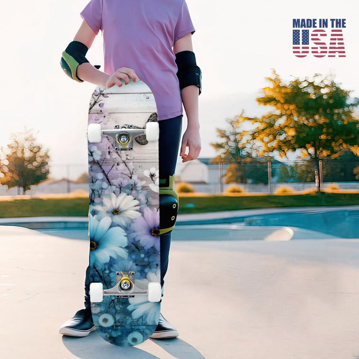31"x8" Complete Skateboards for Beginners, Turquoise Flowers Teal Daisy Flower Butterfly Blue Romantic Double Kick 7 Ply Canadian Maple Deck Skateboard with Wheels, Gifts for Kids Teens