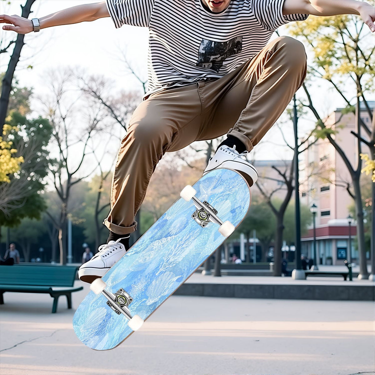 31"x8" Complete Skateboards for Beginners,Blue Botanical Leaf White Double Kick 7 Ply Canadian Maple Deck Skateboard with Wheels, Gifts for Kids Teens