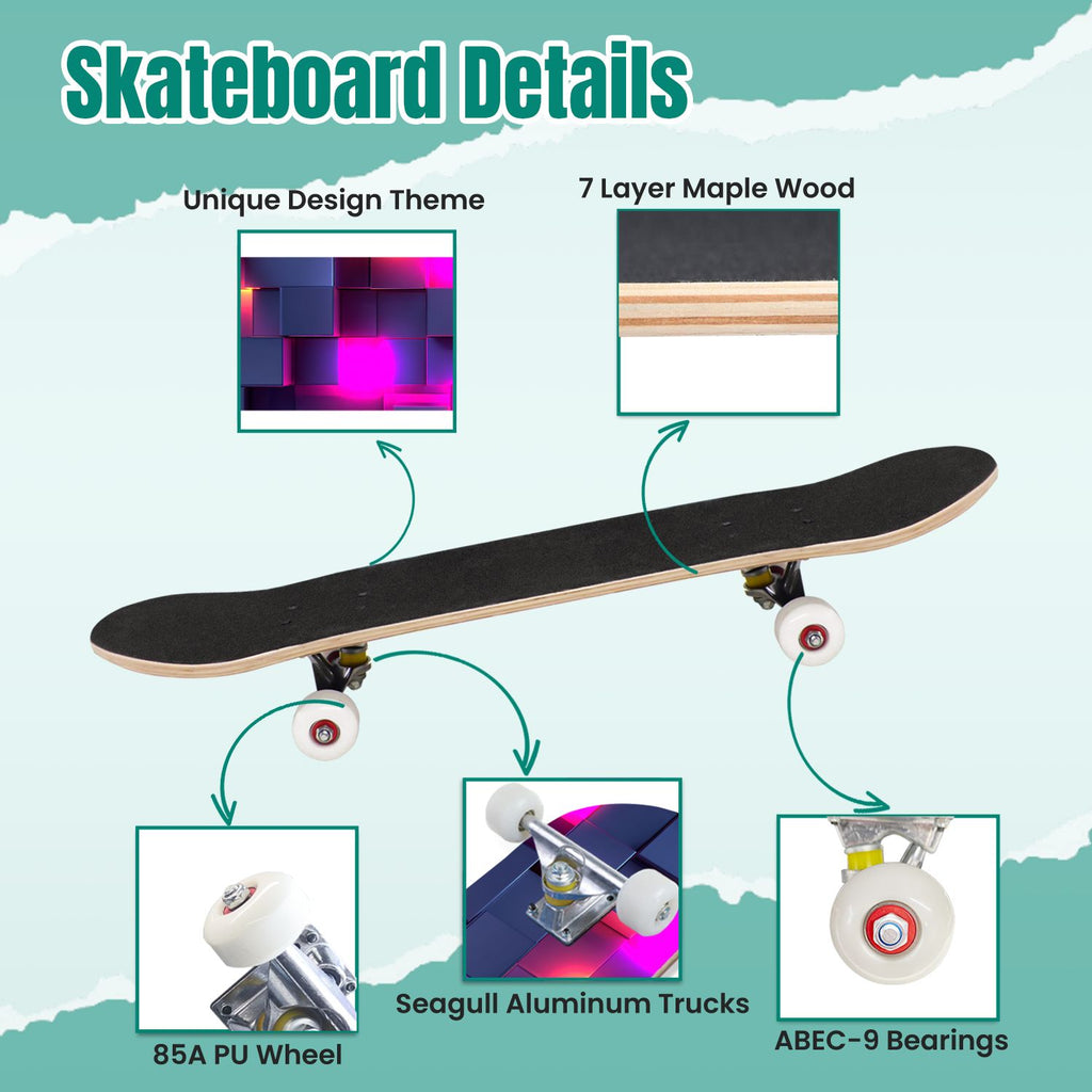 Glowing Futuristic Cubic Tunnel Metallic Tiles Bright Light 31" x 8" Complete Skateboard, 7-Ply Canadian Maple Double Kick Trick Board for Kids and Beginners Adult Gifts