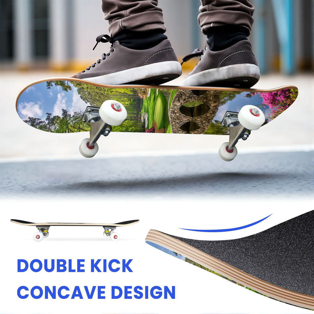 31"x8" Complete Skateboards for Beginners, Turquoise Flowers Teal Daisy Flower Butterfly Blue Romantic Double Kick 7 Ply Canadian Maple Deck Skateboard with Wheels, Gifts for Kids Teens