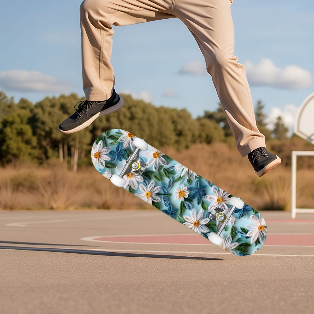 Delicate White Lotus Flowers Leaves Soft Blue 31" x 8" Complete Skateboard, 7-Ply Canadian Maple Double Kick Trick Board for Kids and Beginners Adult Gifts