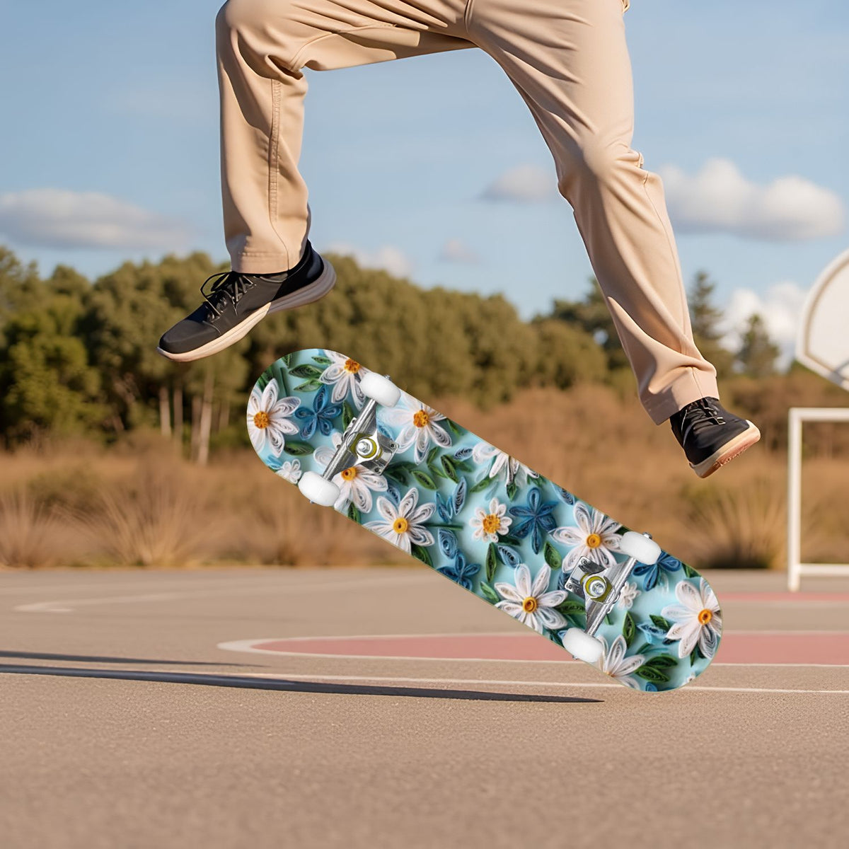Moss Purple Flowers Rocky Ground 31" x 8" Complete Skateboard, 7-Ply Canadian Maple Double Kick Trick Board for Kids and Beginners Adult Gifts