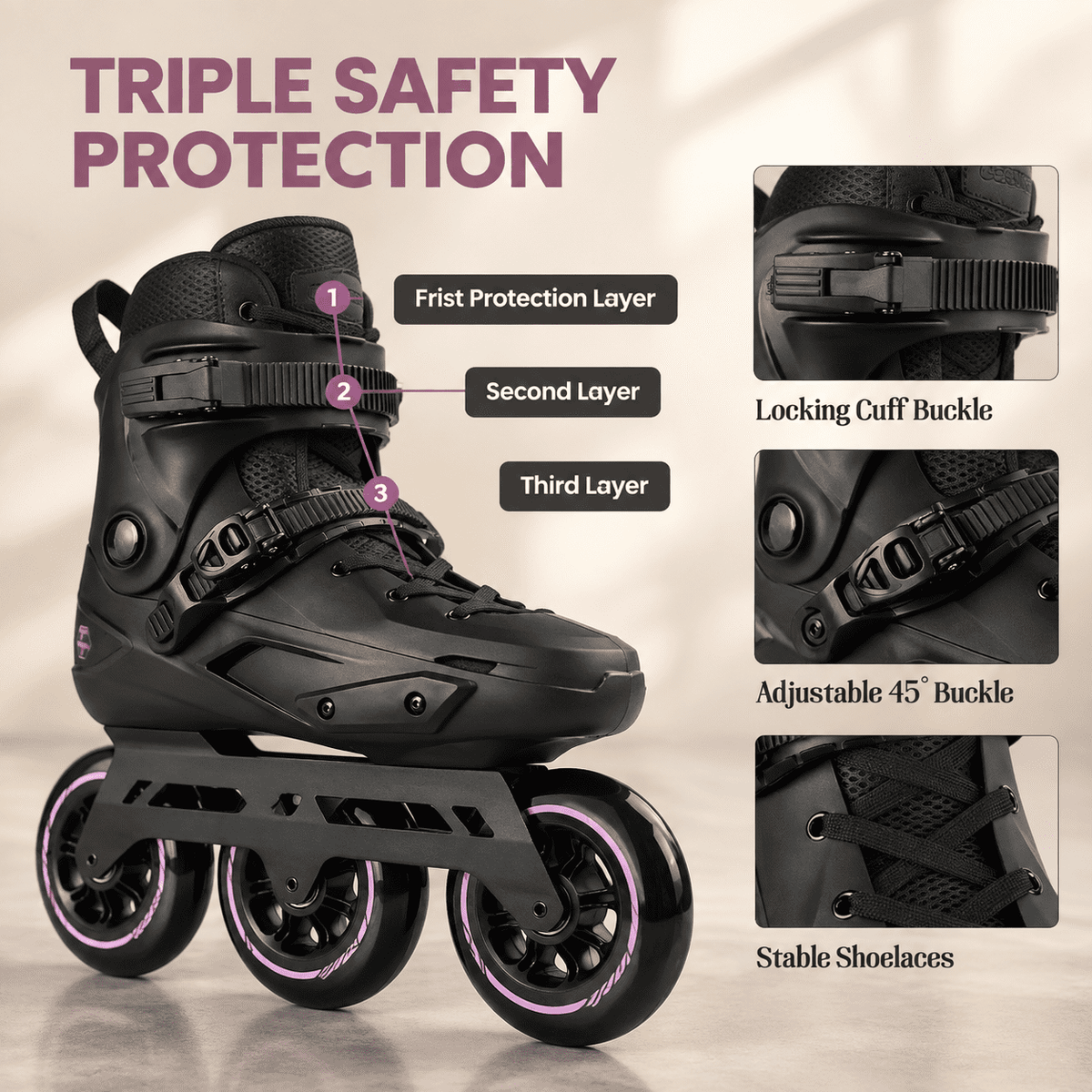 Adult Inline Skates, USM10.5-11/USL11-11.5, 3-Wheel High Performance Fitness Roller Skates for Indoor Outdoor Use