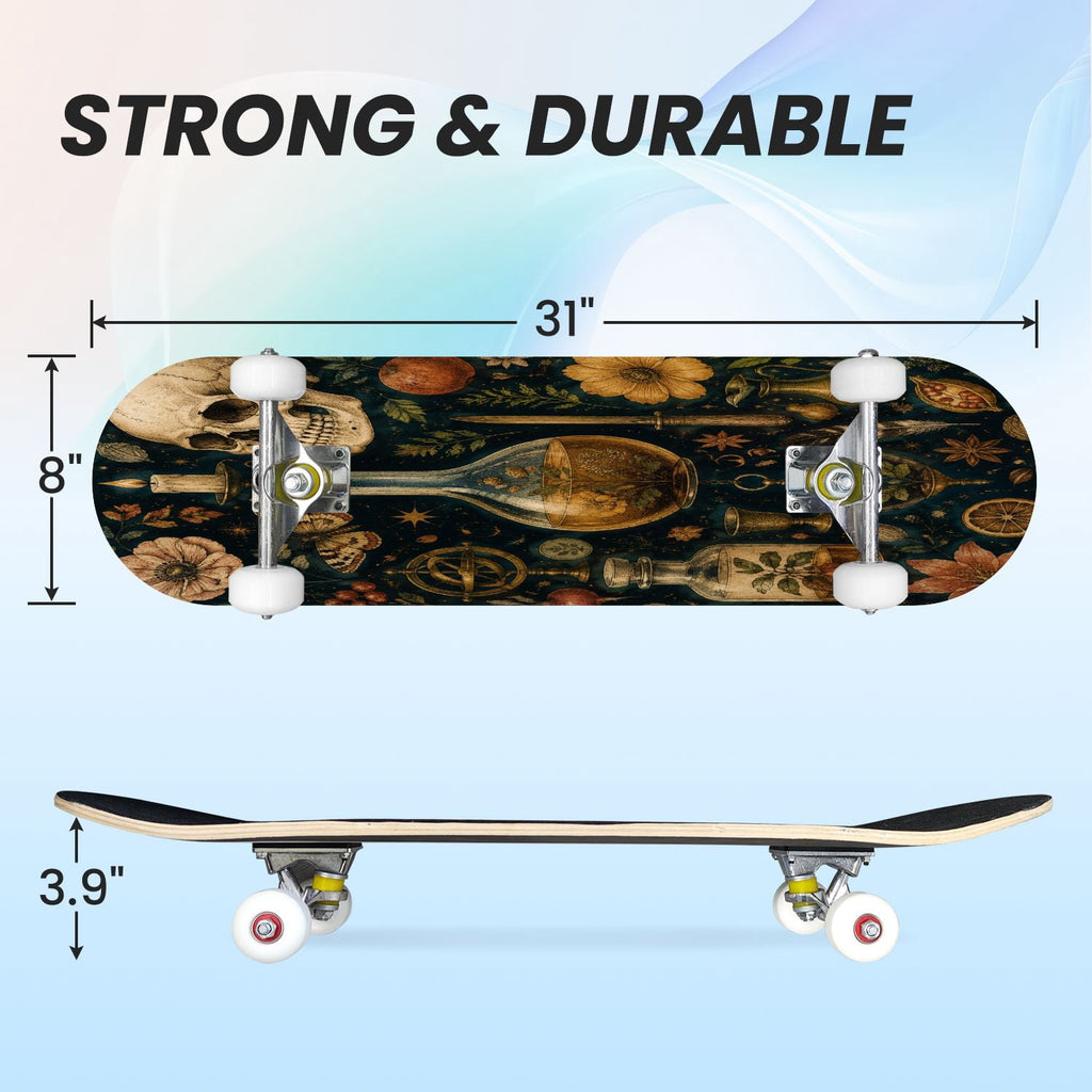 31"x8" Complete Skateboards for Beginners,Vintage Botanical Skull Flowers Elements Dark Double Kick 7 Ply Canadian Maple Deck Skateboard with Wheels, Gifts for Kids Teens