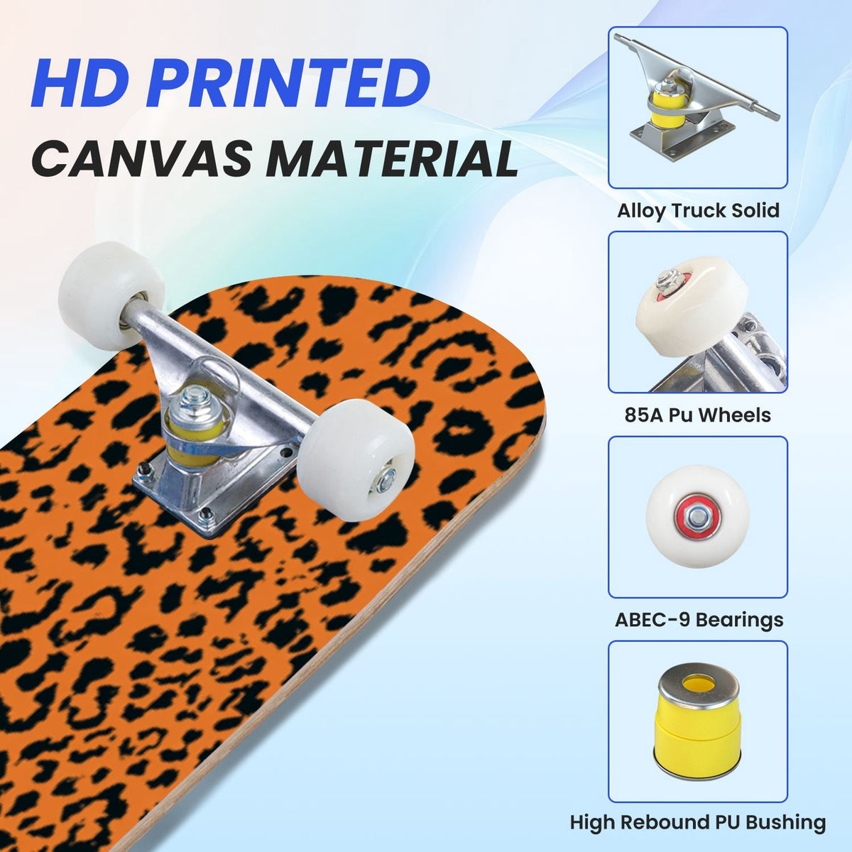 31"x8" Complete Skateboards for Beginners,Leopard Print Black Brown Beige Double Kick 7 Ply Canadian Maple Deck Skateboard with Wheels, Gifts for Kids Teens