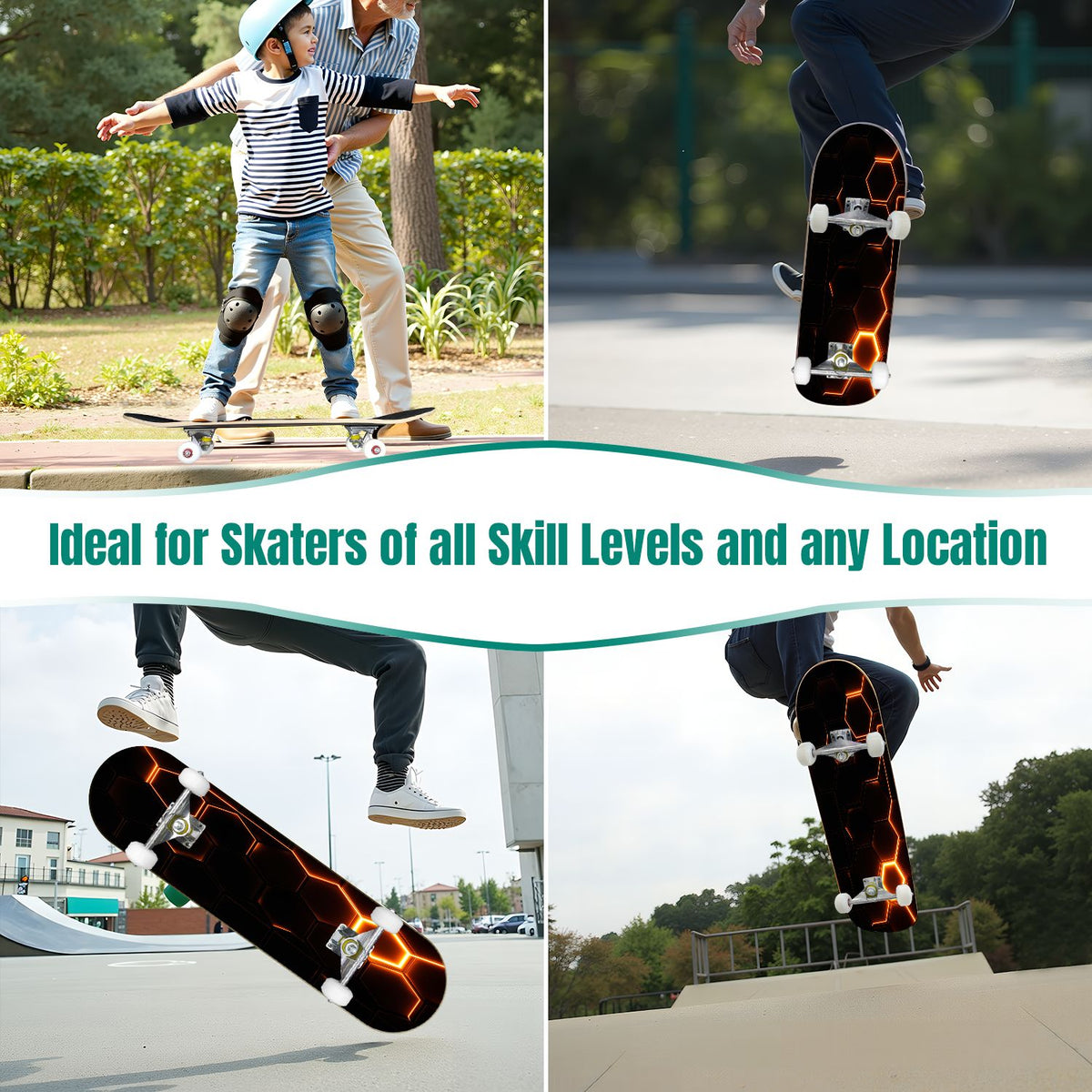 31"x8" Complete Skateboards for Beginners, Honeycomb Futuristic Hexagonal Neon Glowing Orange Light Double Kick 7 Ply Canadian Maple Deck Skateboard with Wheels, Gifts for Kids Teens
