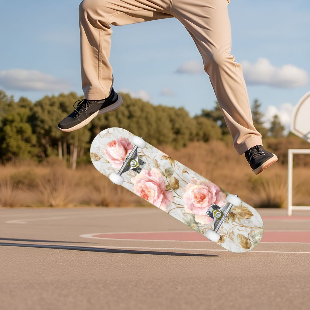 Vintage Floral Bird Sepia Tones 31" x 8" Complete Skateboard, 7-Ply Canadian Maple Double Kick Trick Board for Kids and Beginners Adult Gifts
