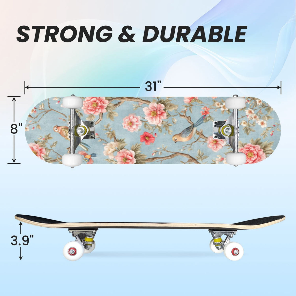 31"x8" Complete Skateboards for Beginners,Pink Cream Vertical Stripes Double Kick 7 Ply Canadian Maple Deck Skateboard with Wheels, Gifts for Kids Teens