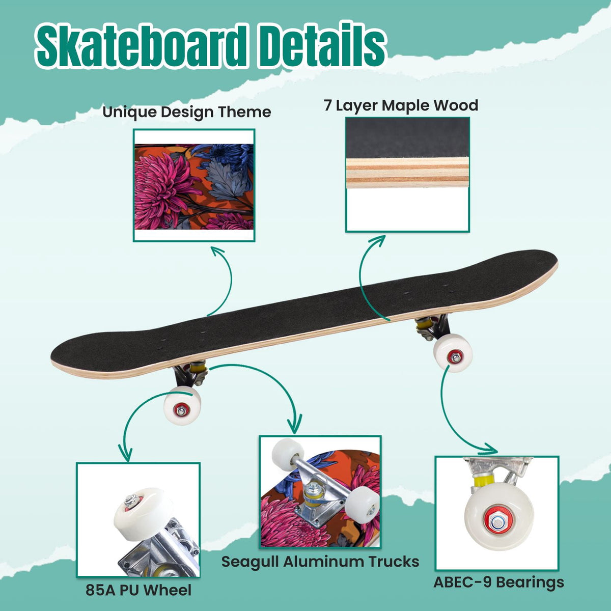 Vibrant Chrysanthemum Floral Bold Pink Purple Blooms 31" x 8" Complete Skateboard, 7-Ply Canadian Maple Double Kick Trick Board for Kids and Beginners Adult Gifts