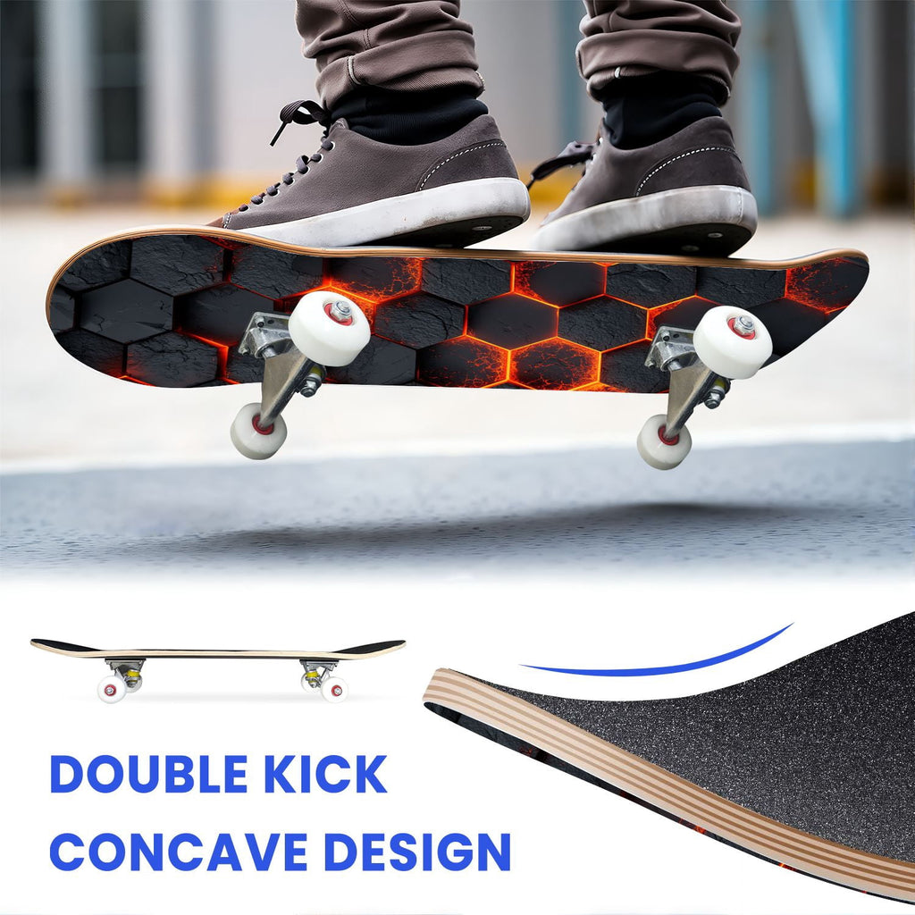 31"x8" Complete Skateboards for Beginners,Black Hexagon Honeycomb Glowing Blue Accents Double Kick 7 Ply Canadian Maple Deck Skateboard with Wheels, Gifts for Kids Teens