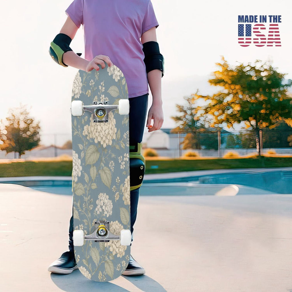 31"x8" Complete Skateboards for Beginners,Blue Flowers Crystals Seamless Watercolor Double Kick 7 Ply Canadian Maple Deck Skateboard with Wheels, Gifts for Kids Teens