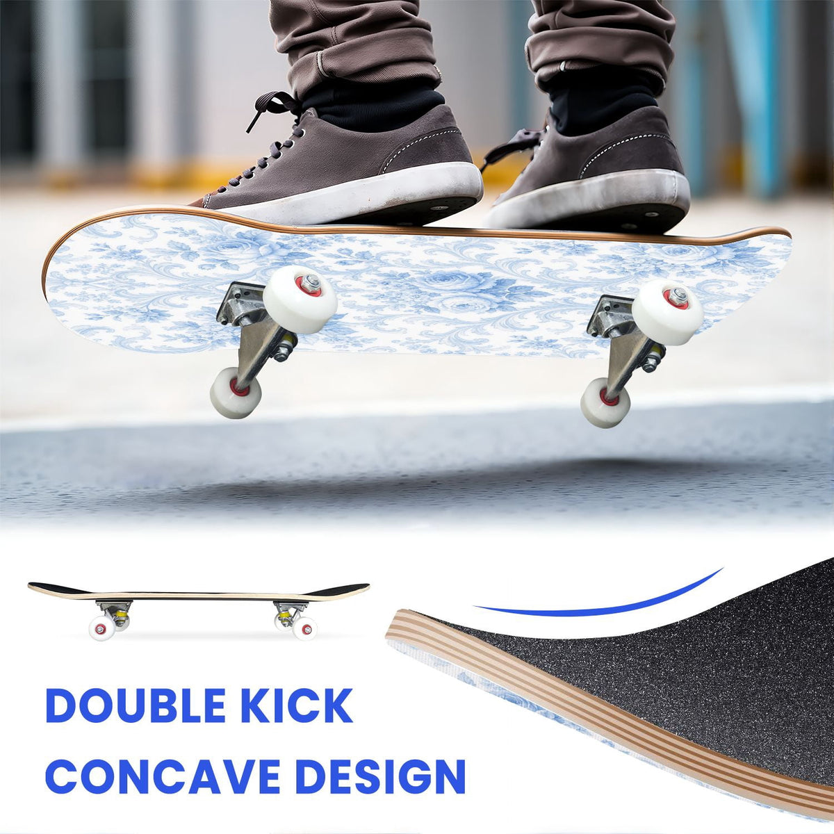 31"x8" Complete Skateboards for Beginners,Blue White Vintage Floral Roses Ornate Swirls Double Kick 7 Ply Canadian Maple Deck Skateboard with Wheels, Gifts for Kids Teens