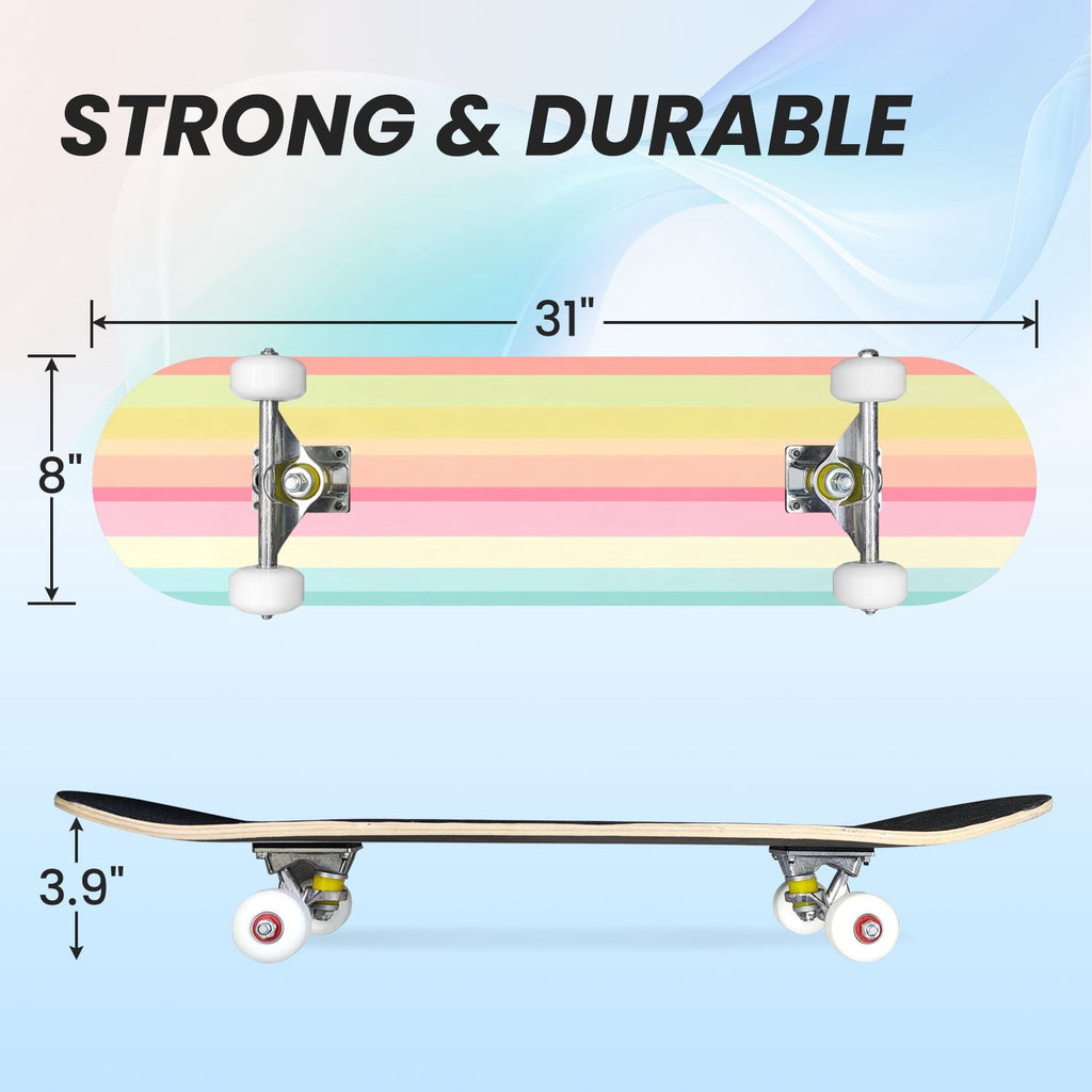 31"x8" Complete Skateboards for Beginners,Vibrant Diagonal Rainbow Gradient Abstract Art Double Kick 7 Ply Canadian Maple Deck Skateboard with Wheels, Gifts for Kids Teens