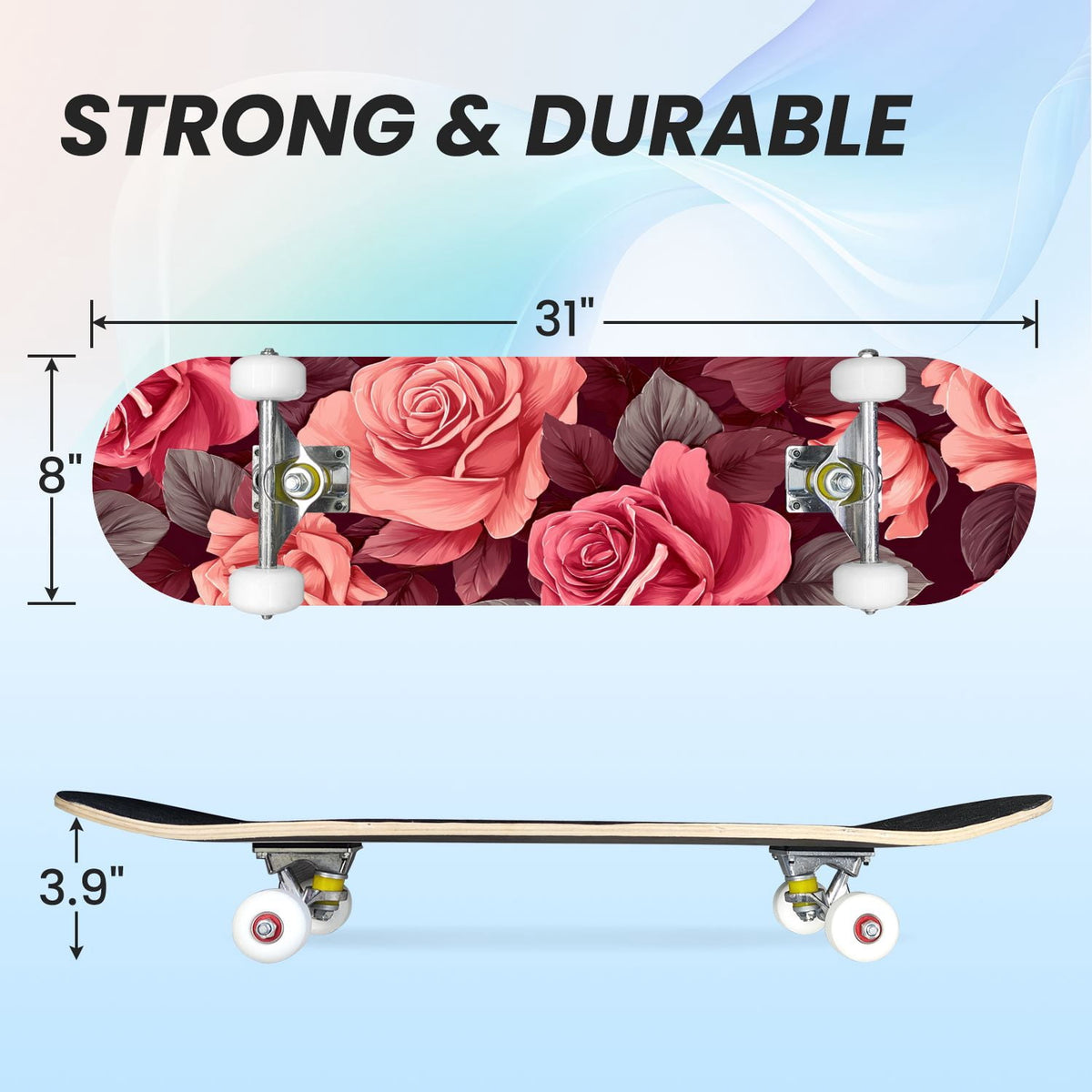 31"x8" Complete Skateboards for Beginners, Elegant Pink Red Roses Green Leaves Dark Double Kick 7 Ply Canadian Maple Deck Skateboard with Wheels, Gifts for Kids Teens