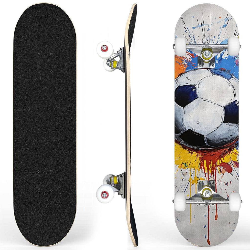 31" x 8" Complete Skateboard,7-ply Maple Deck Abstract Soccer Ball Vibrant Paint Splashes Drips Skate Board for Beginners