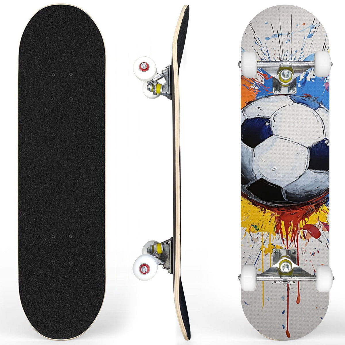31" x 8" Complete Skateboard,7-ply Maple Deck Abstract Soccer Ball Vibrant Paint Splashes Drips Skate Board for Beginners